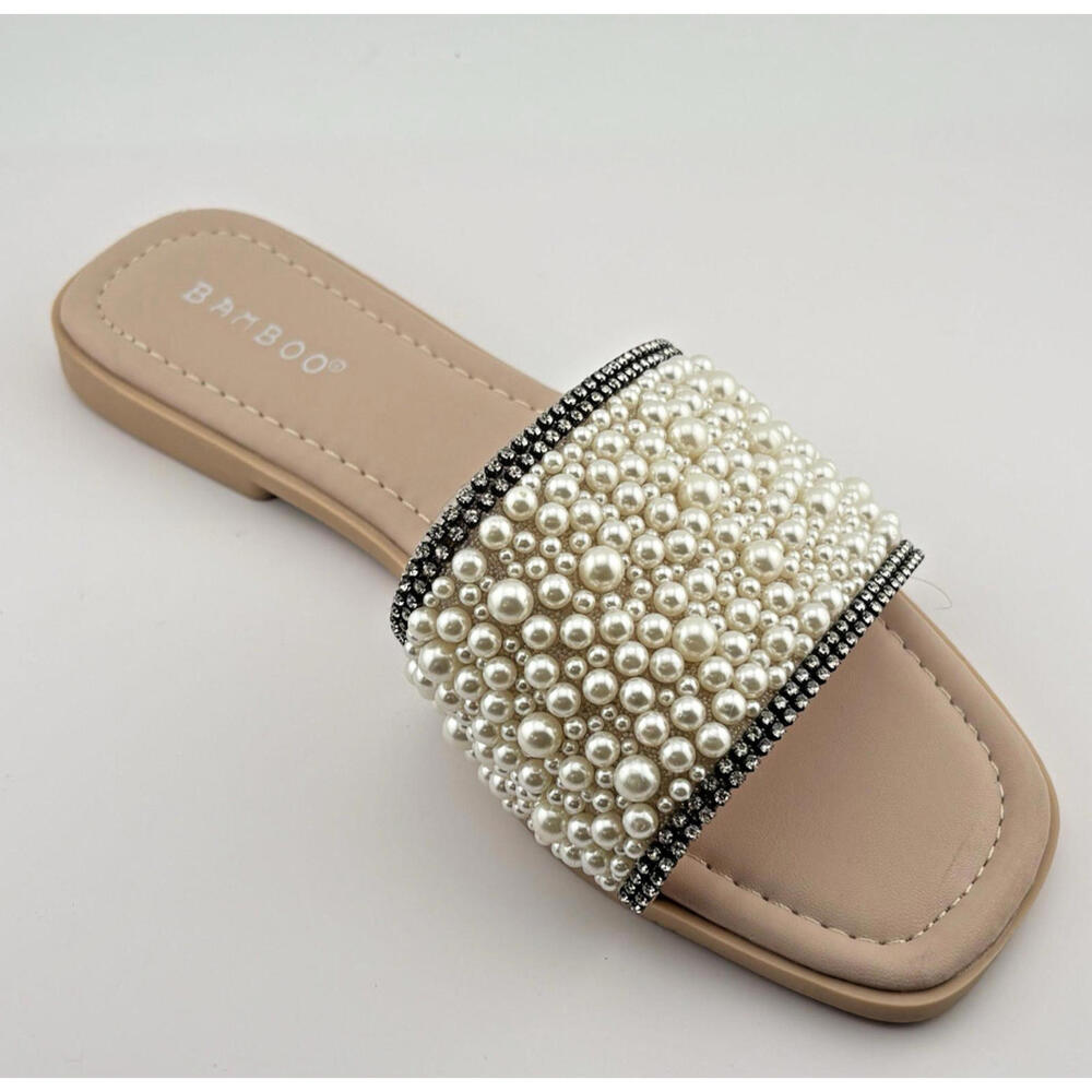 New Women's Jeweled Rhinestone Pearl Slide Flat Jelly Sandal Open Toe - Size 6.5 - Picture 5 of 10